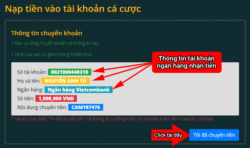 Chuyển tiền vào tài khoản ngân hàng nhận tiền